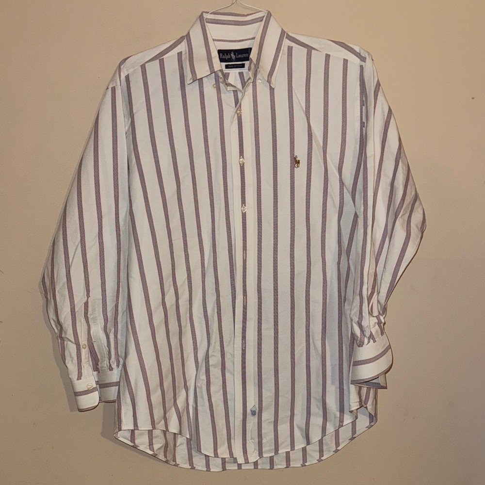 Ralph Lauren Men's Striped Dress Shirt - White Red Blue Vintage XXL 16-34